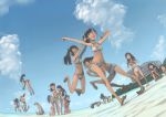  6+girls akinbo_(hyouka_fuyou) barefoot beach bikini black_hair blush bracelet breasts brown_hair chin_rest cleavage closed_eyes clouds hands_together jewelry jumping launching long_hair multiple_girls navel open_mouth original ponytail running sand_sculpture sarong short_hair side-tie_bikini sitting sky smile surprised swimsuit tan water 
