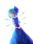  1girl blue_eyes blue_hair blush bow cirno crying dress hair_bow highres ice ice_wings kanntokuxxx looking_back short_hair smile solo tears touhou wings 