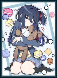  1girl aged_up aqua_border black_socks blue_eyes blue_hair blue_skirt border closed_mouth cookie_print dark_blue_hair food food_print food_request grey_jacket happy_sugar_life heart highres holding holding_stuffed_toy jacket koube_shio long_hair long_sleeves looking_at_viewer low_ponytail maidcode1023 plaid_clothes plaid_skirt school_uniform side_ponytail sidelocks sitting skirt smile socks solo stuffed_animal stuffed_toy teddy_bear wariza 