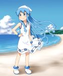  1girl beach blue_eyes blue_hair dress hat highres ikamusume long_hair mohya shinryaku!_ikamusume tentacle_hair 