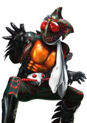  1boy arm_fins armlet armor belt boots claws fins highres horns jewelry kamen_rider kamen_rider_amazon kamen_rider_amazon_(series) male_focus masukudo_(hamamoto_hikaru) monster open_mouth organic red_eyes rider_belt scarf single_horn solo squatting 