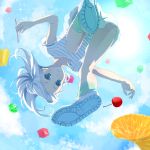  1girl ahira_yuzu blue_eyes cherry food foreshortening fruit highres jelly legs long_hair looking_down orange shoes shorts sky smile sneakers solo t-shirt white_hair 