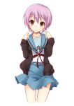  1girl brown_eyes cardigan nagato_yuki nanabuluku purple_hair school_uniform serafuku short_hair suzumiya_haruhi_no_yuuutsu 