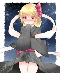  1girl blonde_hair blush commentary_request eyes_visible_through_hair floral_print hair_ribbon hammer_(sunset_beach) japanese_clothes kimono night nose_blush obi orihime red_eyes ribbon rumia shawl short_hair sky solo standing star_(sky) star_print starry_sky touhou 