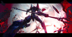 1girl absurdres colored_skin commentary_request eva_00 eva_01 evangelion_(mecha) foreshortening glowing glowing_eye highres holding holding_weapon lance_of_longinus_(evangelion) leo-dont-want-to-be-a-painter letterboxed lilith_(ayanami_rei) mecha neon_genesis_evangelion polearm red_eyes robot rubble short_hair spear weapon white_hair white_skin 