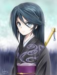  1girl blue_eyes blue_hair hataraku_maou-sama! highres japanese_clothes kamazuki_suzuno kem_kem kimono long_hair signature solo weapon 