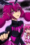  2girls aitaso bad_end_happy bad_end_precure bat_wings bike_shorts bodysuit cure_happy dark_persona earrings fingerless_gloves frills gem gloves hoshizora_miyuki jewelry long_hair long_sleeves magical_girl multiple_girls pink_eyes pink_hair precure skirt smile_precure! tiara tongue tongue_out twintails wide_sleeves wings 