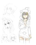  blue_eyes collage concept_art directional_arrow glasses hair_ornament hairband hairclip heterochromia hoodie long_hair monochrome original pas_(paxiti) personification pilo ponytail reddit semi-rimless_glasses short_hair sketch smile spot_color stuffed_toy thigh-highs under-rim_glasses yellow_eyes zettai_ryouiki 