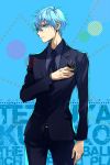  1boy black_rose blue_eyes blue_hair flower formal hachini kuroko_no_basuke kuroko_tetsuya necktie rose solo suit 