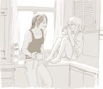  2girls bottomless casual christa_renz closed_eyes cup curtains dddbcat freckles kitchen laughing milk monochrome multiple_girls panties pants shingeki_no_kyojin sitting tank_top teacup underwear window ymir_(shingeki_no_kyojin) 