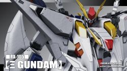  3d absurdres character_name commentary_request glowing glowing_eyes gradient_background gundam gundam_hathaway&#039;s_flash highres inviter_oro looking_at_viewer machinery mecha mobile_suit no_humans robot science_fiction signature upper_body v-fin xi_gundam 