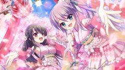  2girls :d aqua_eyes black_hair blue_sky blurry blurry_background blurry_foreground blush breasts clouds concert day dot_nose falling_petals fang film_grain floral_print floral_print_kimono flower frilled_kimono frills from_below game_cg hair_flower hair_ornament high_ponytail holding holding_microphone ichikishima_mizuha izumi_tsubasu japanese_clothes kimono lens_flare long_hair looking_at_viewer medium_breasts microphone multiple_girls non-web_source obi official_art open_mouth outdoors outstretched_arm outstretched_hand petals pink_flower pink_kimono pink_petals print_kimono purple_hair re:stage! reaching reaching_towards_viewer sash sidelocks sky smile sparkle stage_lights tsukisaka_sayu violet_eyes 