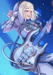  1girl absurdres animal_ears ash_(fire_emblem) black_horns breasts cow_ears cow_girl cow_horns cow_tail dark-skinned_female dark_skin electric_guitar fire_emblem fire_emblem_heroes guitar highres holding holding_guitar holding_instrument horns instrument large_breasts netugen33 tail white_hair 