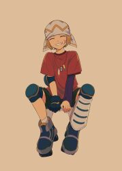  1boy bandana blonde_hair character_request closed_eyes commentary_request cross_scar facing_viewer full_body gloves grin highres ittumozzz male_focus pokemon pokemon_colosseum purple_shirt red_shirt roller_skates scar scar_on_cheek scar_on_face shirt short_hair short_sleeves simple_background single_glove single_shin_guard sitting skates smile solo t-shirt teeth 