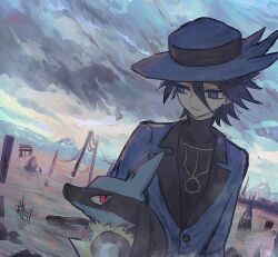  1boy black_hair blue_eyes blue_hat blue_jacket clouds cloudy_sky commentary_request day flood hat highres horimhkw11 jacket lucario male_focus outdoors parted_lips pokemon pokemon_(creature) pokemon_dppt pokemon_platinum power_lines red_eyes riley_(pokemon) sky spiky_hair upper_body water 