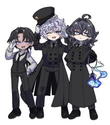  3boys :3 absurdres ahoge black_capelet black_coat black_eyes black_footwear black_gloves black_hair black_hat black_pants black_vest capelet coat commentary_request curly_hair curtained_hair dark-skinned_male dark_skin full_body gloves grey_shirt hair_between_eyes hair_intakes hat highres holding holding_hat holding_lantern holding_unworn_clothes kaga_yukinori_(yagidon) lantern male_focus multiple_boys one_eye_closed open_clothes open_coat open_mouth original pants parted_bangs shirt simple_background smile vest violet_eyes white_background white_gloves white_hair yagidon 