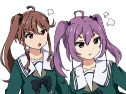  22/7 2girls :t ahoge annoyed black_bow black_bowtie black_scrunchie blush bow bowtie brown_eyes brown_hair chestnut_mouth collarbone frown green_shirt hair_between_eyes hair_ornament hair_scrunchie high_side_ponytail igashiko jitome long_hair long_sleeves multiple_girls oekaki puff_of_air purple_hair rokubanchou_school_uniform sailor_collar school_uniform scrunchie serafuku shirt sidelocks simple_background toda_jun tojo_yuki twintails upper_body v-shaped_eyebrows violet_eyes white_background white_sailor_collar 