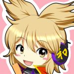  1girl blush_stickers cape close-up headphones light_brown_hair looking_at_viewer lowres open_mouth outline pink_background ritual_baton short_hair takitubo touhou toyosatomimi_no_miko yellow_eyes 
