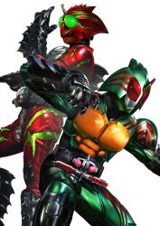  2boys arm_blade arm_fins armor belt bodysuit claws compound_eyes fins gloves green_eyes helmet highres horns kamen_rider kamen_rider_amazon_alpha kamen_rider_amazon_omega kamen_rider_amazons male_focus masukudo_(hamamoto_hikaru) monster multiple_boys red_eyes rider_belt single_horn squatting standing tokusatsu weapon 