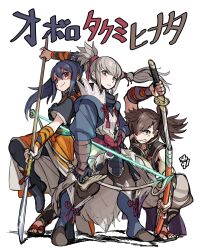  1girl 2boys blue_hair bow_(weapon) brown_eyes brown_hair dark_blue_hair fire_emblem fire_emblem_fates grey_hair highres hinata_(fire_emblem) holding holding_bow_(weapon) holding_polearm holding_sword holding_weapon japanese_clothes katana long_hair multiple_boys naginata oboro_(fire_emblem) polearm sbql_(niaunclefan) sword takumi_(fire_emblem) translation_request weapon yumi_(bow) 