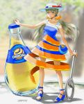  1girl bag blonde_hair blue_eyes blush bottle bottle_opener dress earrings food food_themed_clothes fruit hat highres jewelry long_hair looking_at_viewer orange_peel orangina original personification purse robot_(santouhei) shoes smile solo twintails 