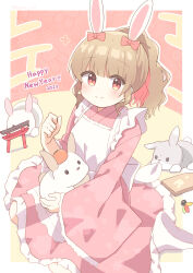  1girl 2023 absurdres animal animal_ears apron blush bow brown_hair chinese_zodiac closed_mouth commentary_request ear_bow egasumi food frilled_apron frills fruit hagoita hand_up hane_(hanetsuki) happy_new_year highres japanese_clothes kimono long_sleeves maid_apron mandarin_orange original paddle pink_kimono ponytail rabbit rabbit_ears red_bow red_eyes ryoku_sui smile socks soles solo torii white_apron white_socks wide_sleeves year_of_the_rabbit 