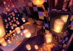  1boy bathtub candle checkered checkered_floor closed_eyes floating_object kanamura_ren lantern male original twilight 