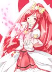  1girl bow brooch buts_(pixiv1761487) choker cure_ace dokidoki!_precure dress hair_bow jewelry long_hair madoka_aguri magical_girl petals ponytail precure puffy_sleeves red_dress red_eyes redhead skirt smile solo wink 