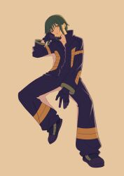  1boy black_footwear cail_(pokemon) collarbone commentary_request full_body gloves green_hair hand_up highres ittumozzz jumpsuit long_sleeves male_focus medium_hair orange_eyes pokemon pokemon_colosseum simple_background solo zipper zipper_pull_tab 