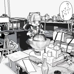  1girl animal_ears apron black_dress bottle cat_ears demon_core dress greyscale holding jaggy_lines laboratory lokulo-chan_(lokulo_no_mawashimono) lokulo_no_mawashimono lowres maid_apron monochrome oekaki open_mouth original puffy_short_sleeves puffy_sleeves short_sleeves table twintails 