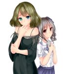  2girls bare_shoulders blue_eyes blush breasts brown_hair collarbone drill_hair green_eyes heterochromia idolmaster idolmaster_cinderella_girls kanzaki_ranko looking_at_viewer mokufuu mole multiple_girls red_eyes school_uniform short_hair silver_hair skirt smile takagaki_kaede twin_drills twintails 