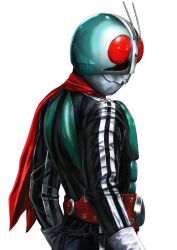  1boy antennae armor belt bug compound_eyes gloves glowing glowing_eyes grasshopper green_armor helmet highres kamen_rider kamen_rider_(1st_series) kamen_rider_1 male_focus mask masukudo_(hamamoto_hikaru) red_eyes red_scarf rider_belt scarf solo standing tokusatsu typhoon_(kamen_rider) 