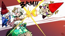  3girls :3 artist_name blush_stickers cecilia_immergreen ceres_fauna chaleko clenched_hand doll_joints dress enigmatic_recollection gawr_gura green_eyes green_hair grey_hair highres holding_chibi hololive hololive_english joints multiple_girls pointy_hat rocket_punch smol_fauna smol_gura strapless strapless_dress upper_body virtual_youtuber winding_key 
