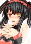  1girl bare_shoulders black_hair blush breasts clock_eyed date_a_live gladius_pvp hairband heterochromia highres lolita_fashion lolita_hairband long_hair looking_at_viewer open_mouth red_eyes simple_background solo tokisaki_kurumi twintails white_background yellow_eyes 