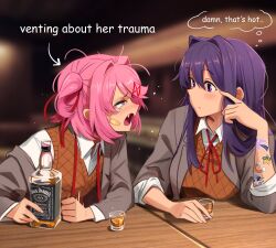  2girls absurdres arrow_(symbol) bandaid bandaid_on_cheek bandaid_on_face blush bottle brown_vest commentary crying crying_with_eyes_open cup doki_doki_literature_club drinking_glass fang grey_jacket hair_intakes hair_ribbon hand_up highres indoors jacket khyle. long_sleeves looking_at_another mordecai_(regular_show) multiple_girls my_little_pony my_little_pony:_friendship_is_magic natsuki_(doki_doki_literature_club) nose_blush one_side_up open_mouth pink_hair purple_hair red_ribbon regular_show ribbon shirt tears thought_bubble twilight_sparkle vest violet_eyes white_shirt yuri_(doki_doki_literature_club) 