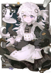  1girl :3 absurdres animal_on_arm apron beads black_bow black_dress black_hat border bow bow_button buttons chinese_commentary clock_hair_ornament closed_mouth commentary_request commission cropped_legs cross_print cup dot_nose dress eyeball frilled_apron frills hair_beads hair_between_eyes hair_bow hair_ornament hairclip hat hat_bow heterochromia highres holding holding_cup light_blush long_hair long_sleeves looking_at_viewer loose_hair_strand maid maid_headdress medium_dress octopus one-eyed one_side_up original outside_border picture_frame plate pleated_dress polka_dot polka_dot_bow purple_bow sample_watermark sanwei_emo_qiu sleeves_past_wrists smile solo teacup teapot top_hat very_long_hair violet_eyes watermark weibo_watermark white_apron white_border white_hair x_hair_ornament yellow_eyes 