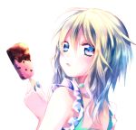  1girl blonde_hair blue_eyes blue_hair food gradient_hair ice_cream looking_back multicolored_hair nail_polish original popsicle_stick riichu short_hair simple_background solo white_background 