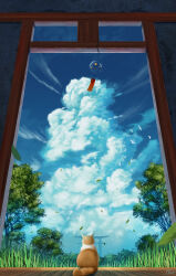  absurdres bird blue_sky cat clouds commentary_request cumulonimbus_cloud day fantasy from_behind grass highres hkcutie landscape leaf nature no_humans original outdoors scenery signature sky summer torii tree white_bird wind_chime 