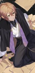  1boy arm_support black_capelet black_hakama black_shirt brown_hair capelet crossed_bangs falling_petals feet_out_of_frame from_above genkou_youshi green_eyes hair_between_eyes hakama hakama_pants hatorihatelier hypnosis_mic japanese_clothes kimono long_sleeves looking_ahead male_focus on_liquid pants paper parted_lips petals shirt short_hair sitting sitting_on_liquid solo turtleneck water white_kimono wide_sleeves yokozuwari yumeno_gentaro 