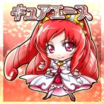  1girl boots bow character_name chibi cure_ace dokidoki!_precure dress hair_bow hand_on_hip knee_boots long_hair madoka_aguri magical_girl nekoyuu precure red_background red_dress red_eyes redhead skirt smile solo wrist_cuffs 