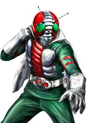 1boy antennae armor belt bodysuit compound_eyes gloves green_bodysuit green_eyes helmet highres kamen_rider kamen_rider_v3 kamen_rider_v3_(series) male_focus mask masukudo_(hamamoto_hikaru) rider_belt scarf solo standing tokusatsu white_gloves 