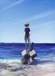  1boy bag beach belt_pouch black_shirt blue_sky brown_hair clear_sky facing_away grey_pants holding holding_bag moribuden ocean on_rock outdoors pants pouch sand shirt sky yu-gi-oh! yu-gi-oh!_gx yuki_judai 