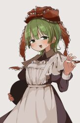  1girl apron green_eyes green_hair hair_ribbon highres kagiyama_hina kyuukei_usagi long_sleeves looking_at_viewer maid puffy_long_sleeves puffy_sleeves red_ribbon ribbon solo touhou white_apron 