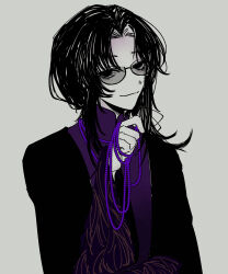  1boy absurdres bead_necklace beads black_eyes black_hair black_jacket closed_mouth colored_skin curtained_hair grey_hair highres huai_yunqing jacket jewelry long_hair long_sleeves male_focus necklace open_clothes open_jacket parted_bangs purple_shirt shirt simple_background smile solo sunglasses touqi_guaitan upper_body white_skin white_sleeves xingzi16 