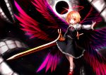  1girl blonde_hair blush darkness energy_ball ex-rumia halo highres long_sleeves looking_at_viewer multiple_wings no_headwear open_mouth outstretched_arm red_eyes revision ribbon rumia shirt short_hair skirt skirt_set smile solo spark621 sword touhou vest weapon wings 