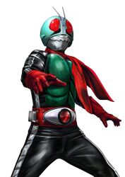  antennae armor belt bodysuit bug compound_eyes contrapposto foreshortening gloves grasshopper helmet highres kamen_rider kamen_rider_(1st_series) kamen_rider_2 looking_at_viewer male_focus masukudo_(hamamoto_hikaru) red_eyes red_gloves red_scarf rider_belt scarf simple_background solo standing tokusatsu typhoon_(kamen_rider) white_background 