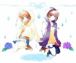  2girls blouse blue_eyes brown_hair hands_in_pockets hoodie jumping long_sleeves looking_at_viewer lyrical_nanoha mahou_shoujo_lyrical_nanoha mahou_shoujo_lyrical_nanoha_a&#039;s mahou_shoujo_lyrical_nanoha_a&#039;s_portable:_the_battle_of_aces material-s miniskirt multiple_girls open_mouth pants pants_under_skirt pleated_skirt shirt short_hair short_twintails skirt smile takamachi_nanoha takana thigh-highs twintails white_legwear 