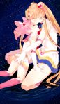  2girls bishoujo_senshi_sailor_moon blonde_hair boots brooch chibi_usa closed_eyes cuddling double_bun hand_on_thigh highres jewelry long_hair multiple_girls pink_hair sailor_chibi_moon sailor_collar sailor_moon skirt sky star_(sky) starry_sky super_sailor_chibi_moon super_sailor_moon tiara tsukino_usagi twintails yun_(yuki-62) 