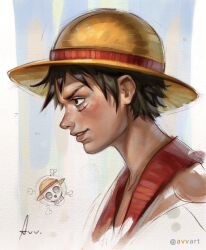  1boy artist_name avvart bare_shoulders black_eyes black_hair from_side hat highres jolly_roger male_focus monkey_d._luffy one_piece procreate_(medium) red_shirt scar scar_on_cheek scar_on_face shirt short_hair signature skull_and_crossbones sleeveless sleeveless_shirt smile solo straw_hat 