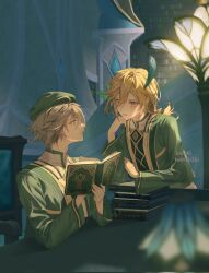  2boys akademiya_uniform alhaitham_(genshin_impact) artist_name beret blonde_hair blurry blurry_background blurry_foreground book book_stack bookshelf chair corrupted_twitter_file eye_contact feather_hair_ornament feathers genshin_impact green_eyes green_hat green_jacket grey_hair hair_between_eyes hair_ornament hand_up hands_up hashtag-only_commentary hat highres holding holding_book indoors jacket kaveh_(genshin_impact) lamppost leaning_forward library long_hair looking_at_another male_focus multiple_boys open_clothes open_jacket parted_bangs parted_lips red_eyes shirt short_hair sidelocks sitting table tonraeki twitter_username watermark white_shirt 